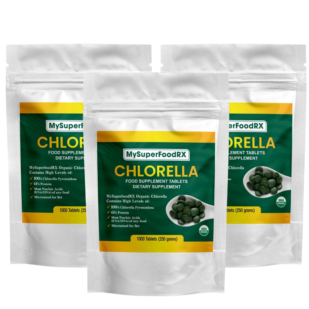 three bags of chlorella on a white background