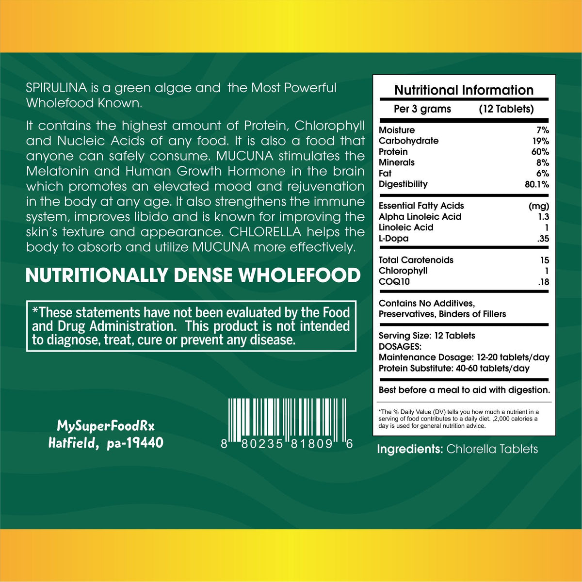 MySuperFoodRX 90% Chlorella 10% Mucuna Tablets - Mysuperfoodrx