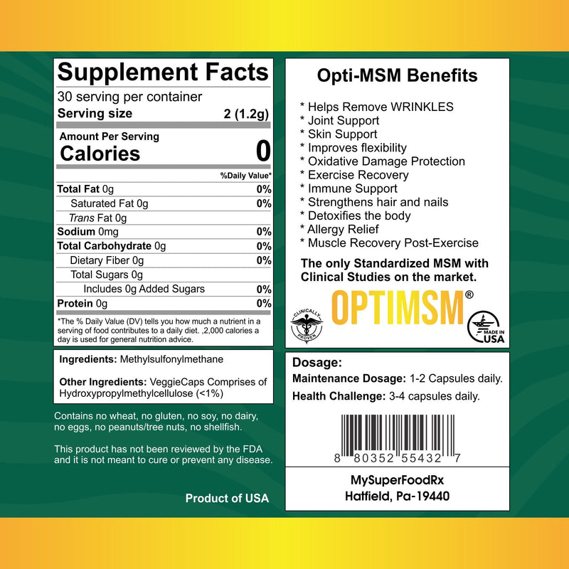 Opti - MSM 60 Capsules for Joint Health and Wrinkle Reduction - Mysuperfoodrx