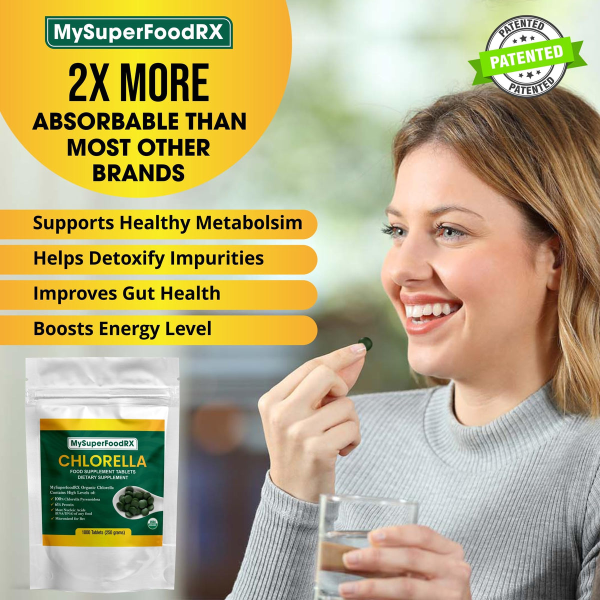 100% Organic Chlorella - 1000 Vegan Tablets - Mysuperfoodrx