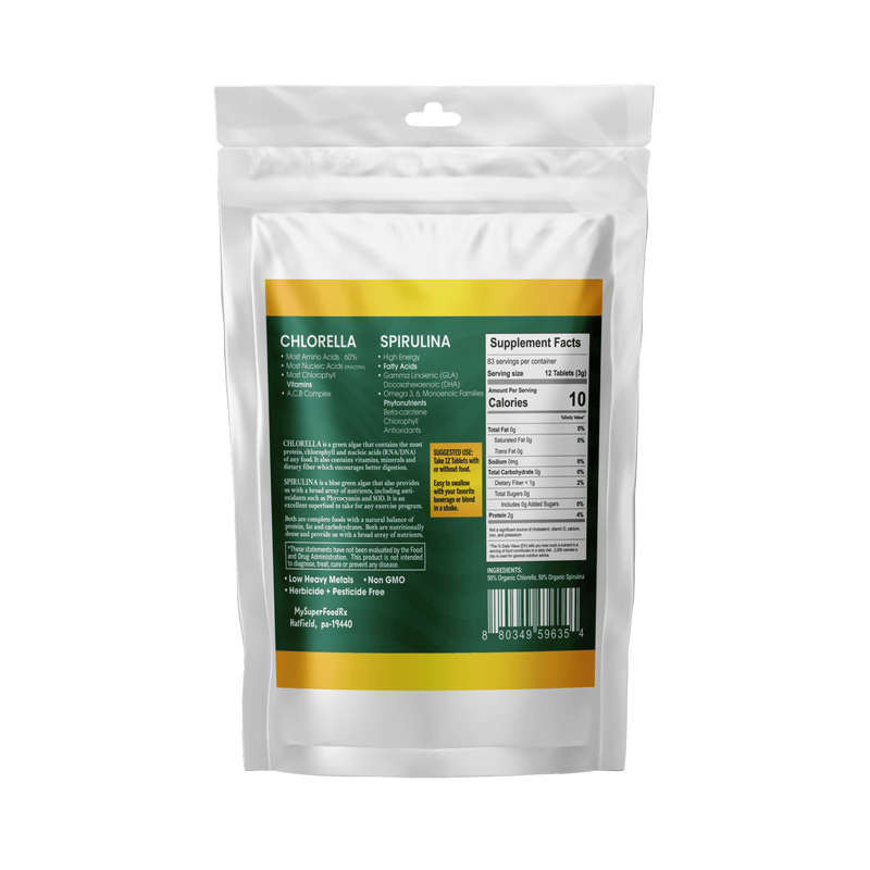 100% Organic Chlorella/Spirulina 50/50 Blend - 1000 Tablets - Mysuperfoodrx