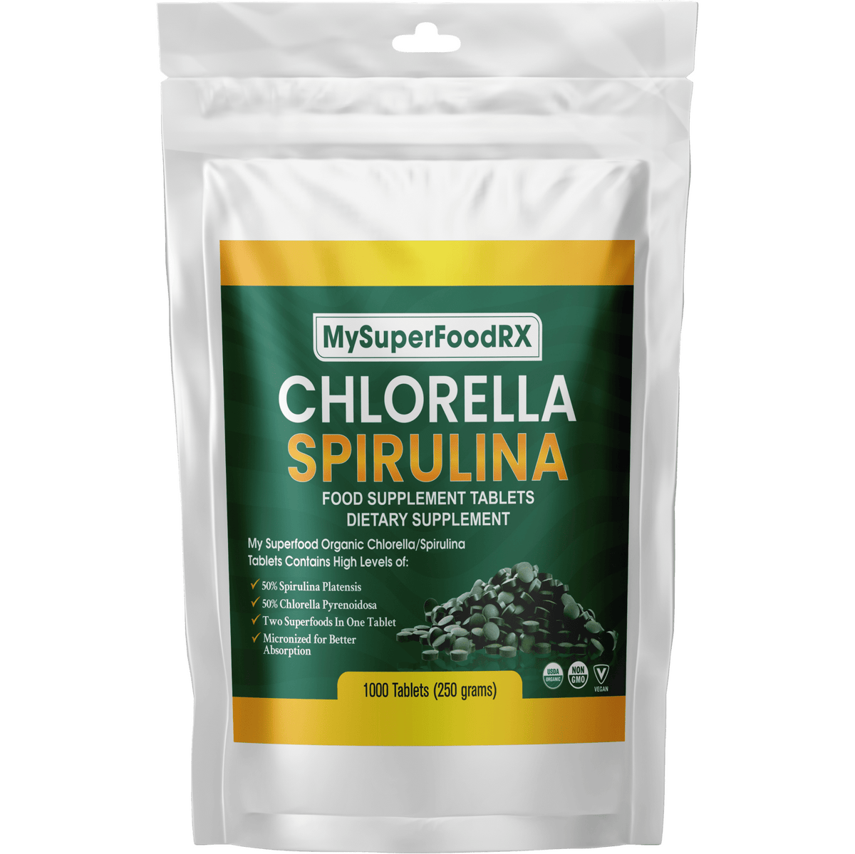 100% Organic Chlorella/Spirulina 50/50 Blend - 1000 Tablets - Mysuperfoodrx