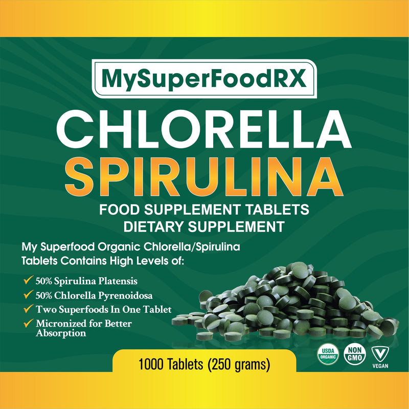 100% Organic Chlorella/Spirulina 50/50 Blend - 1000 Tablets - Mysuperfoodrx