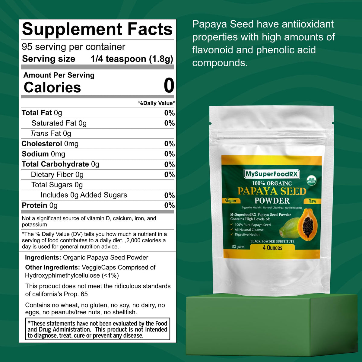 100% Organic Papaya Seed Powder - Antioxidant - Rich, Liver &amp; Kidney Support - Mysuperfoodrx