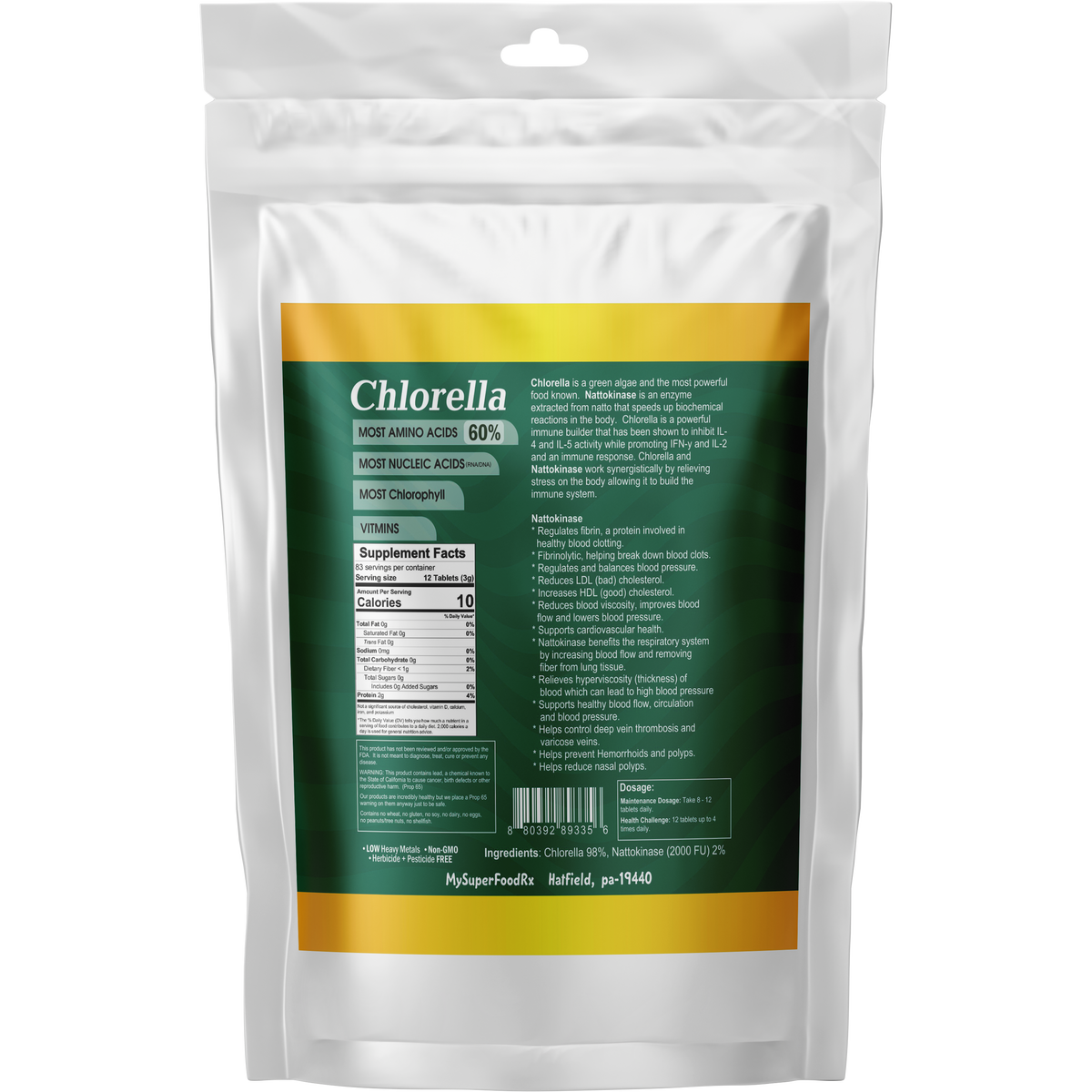 a bag of chlorella powder on a white background