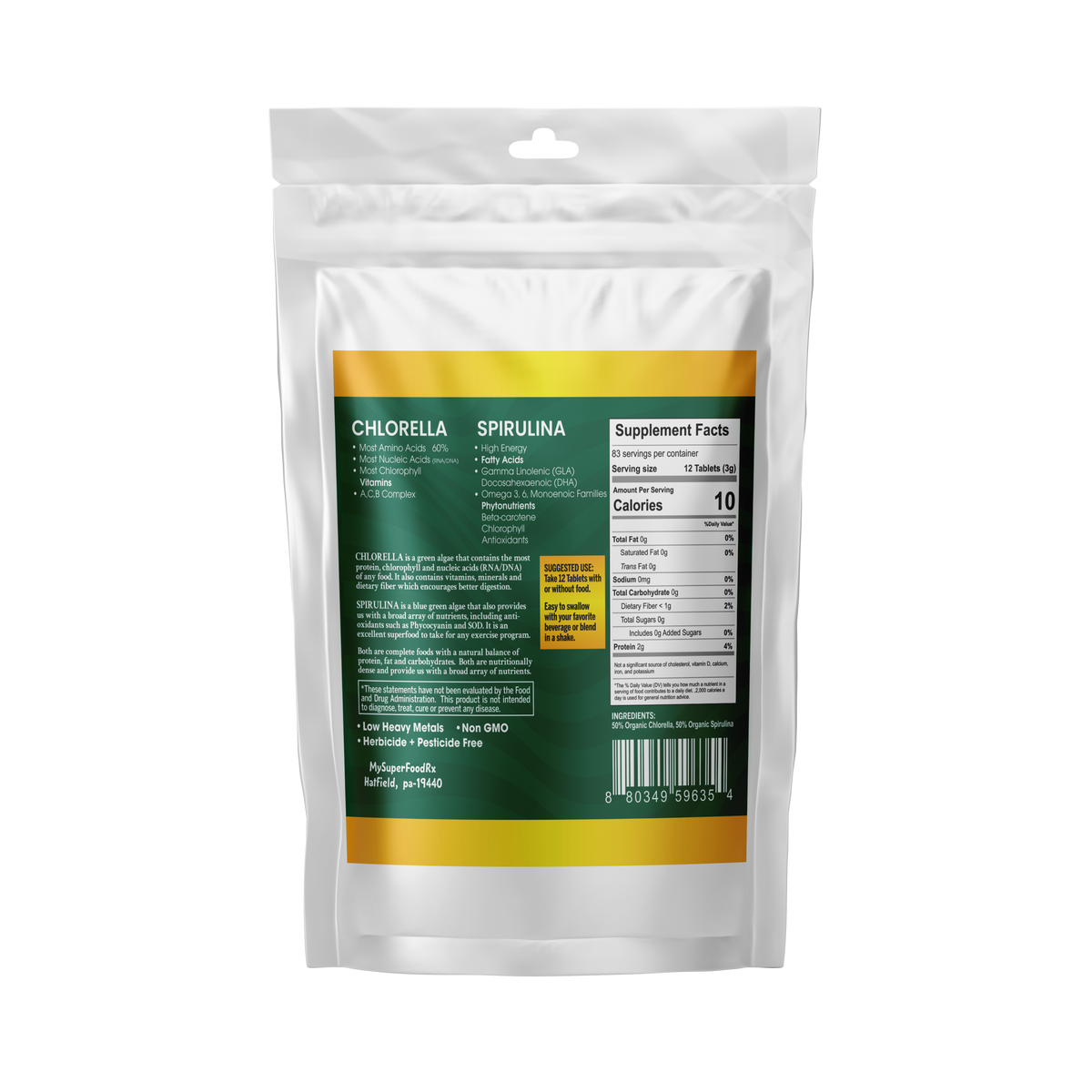 a bag of organic spirula powder on a white background