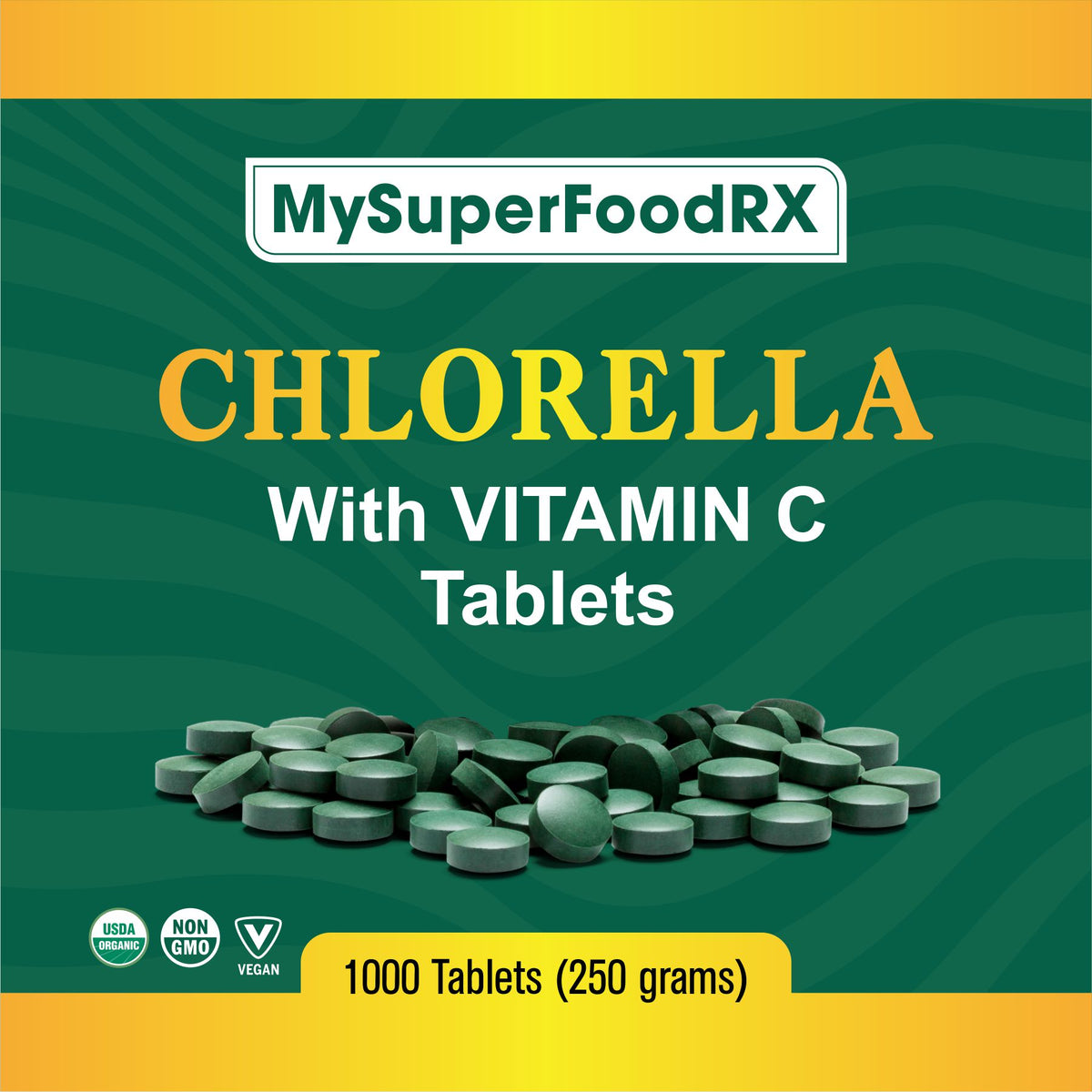 a bottle of my superfood rx chlorella with vitamin c tablets