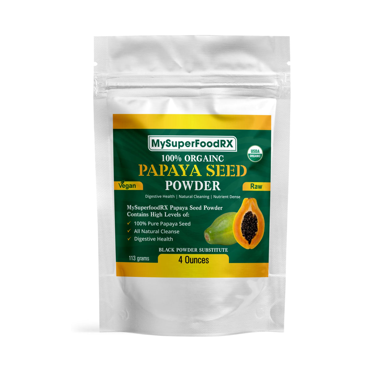 a bag of papaya seed powder on a white background