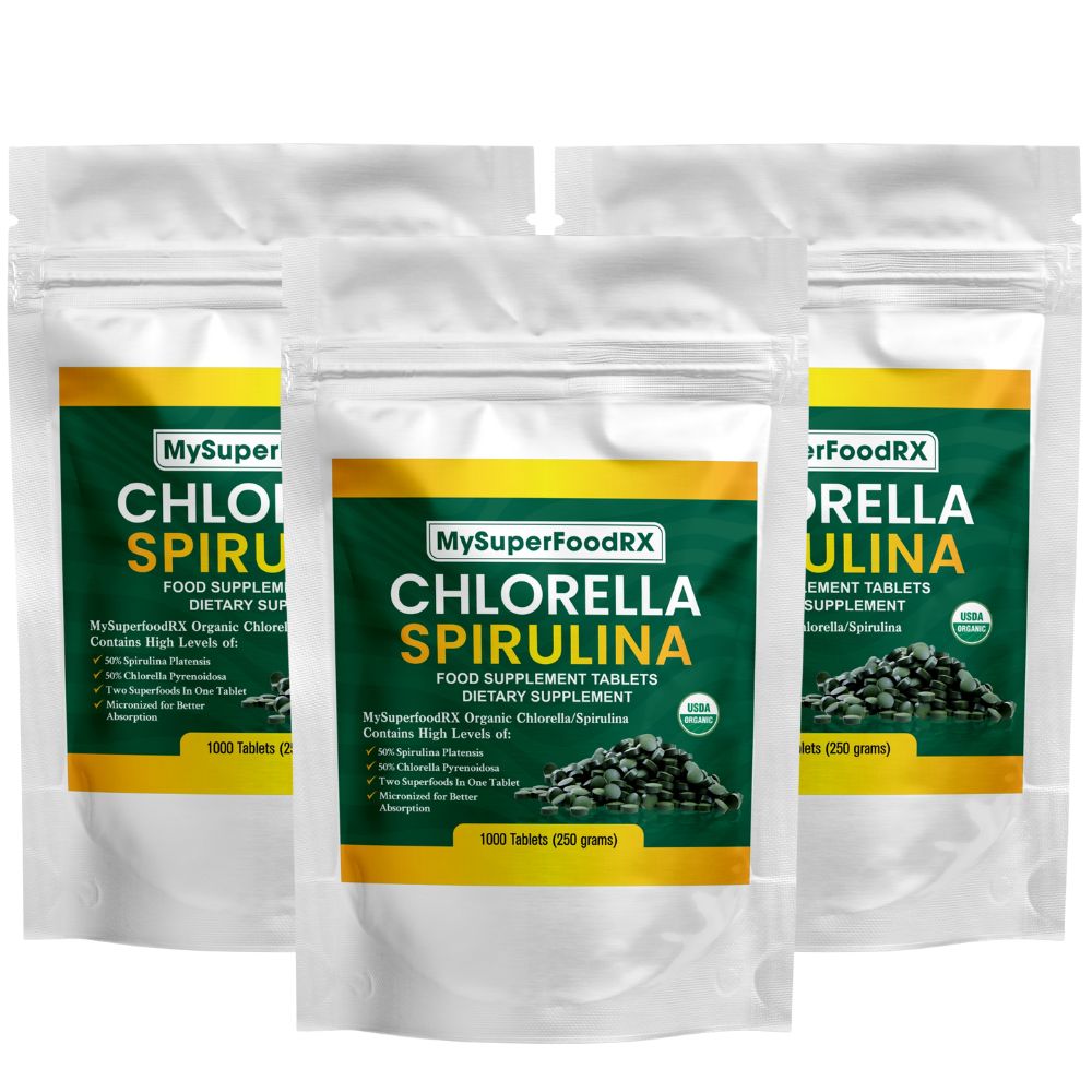 three bags of my superfoody chlorella spirula