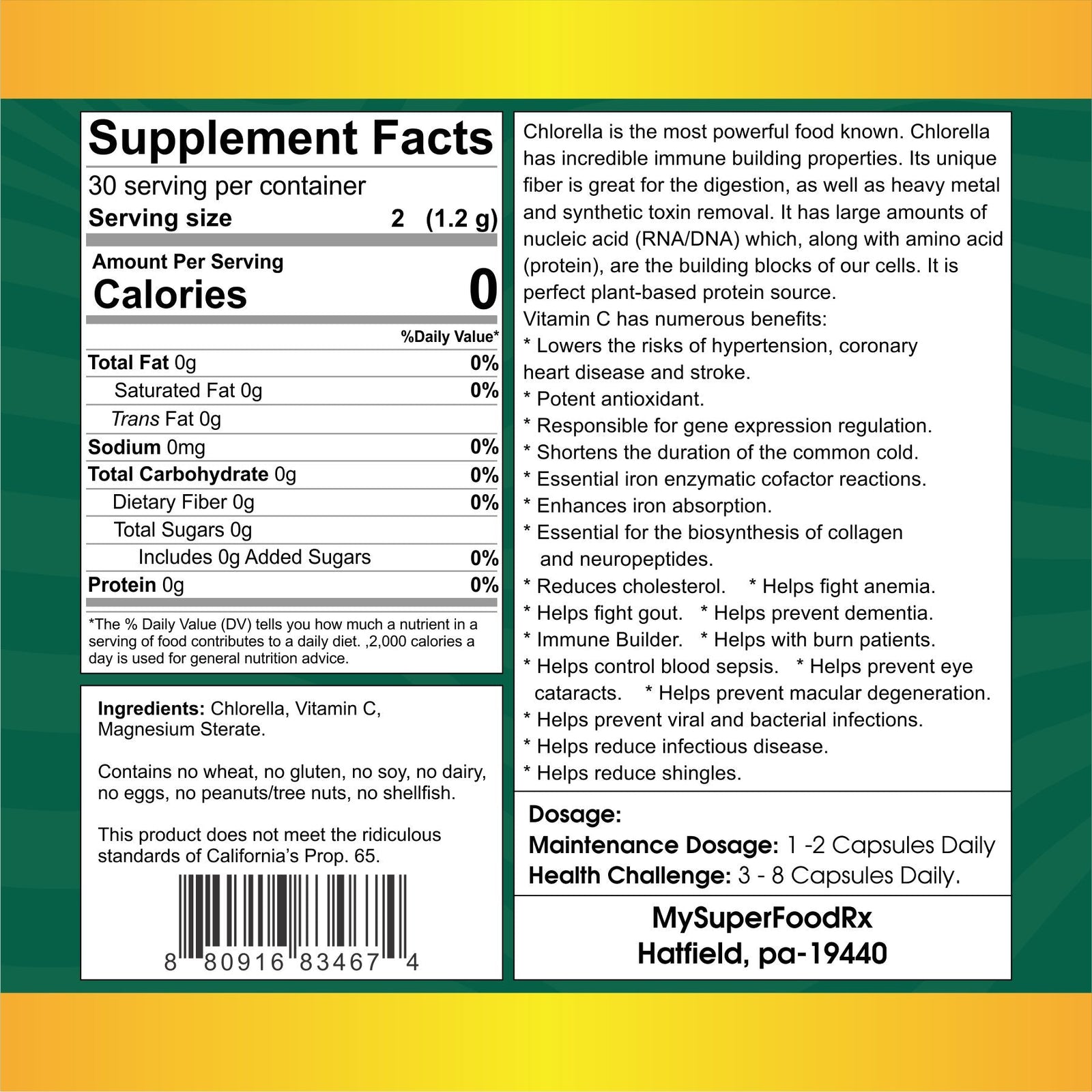 Chlorella Tablets with Vitamin C - Nutrient - Rich Superfood | Highest Protein & Chlorophyll | Immune Support & Collagen Synthesis - Mysuperfoodrx
