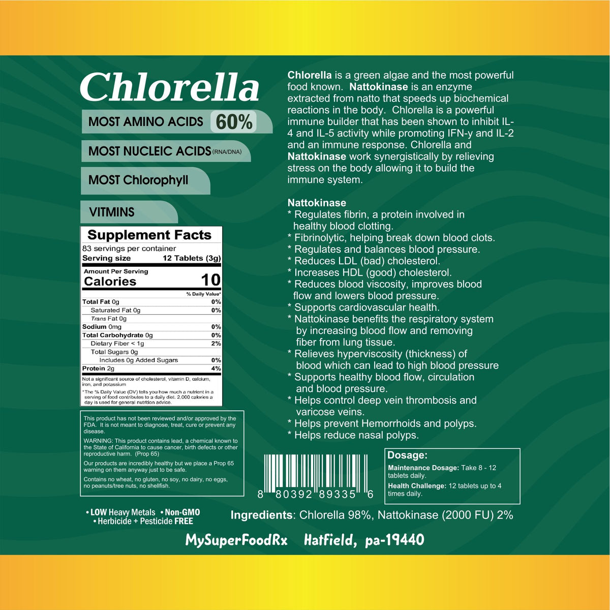 Chlorellakinase Tablets - Chlorella With Nattokinase (10%) - Mysuperfoodrx