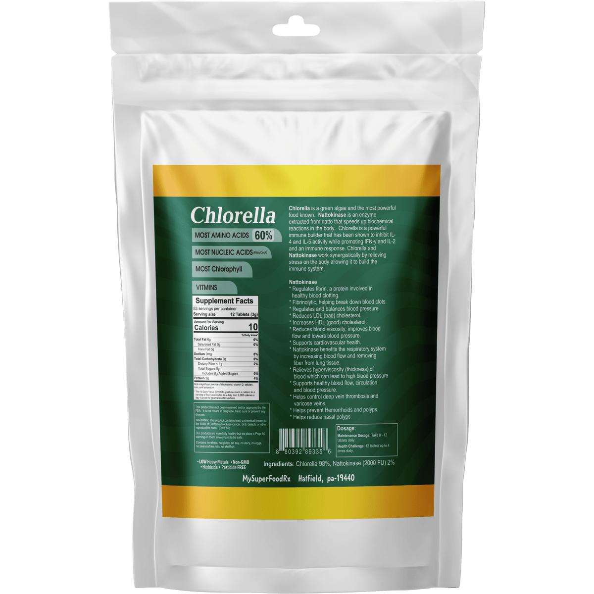 Chlorellakinase Tablets - Chlorella With Nattokinase (10%) - Mysuperfoodrx