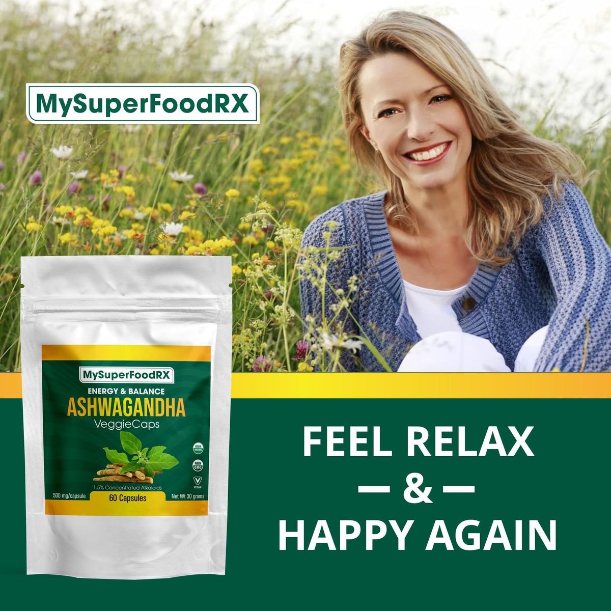 Energy &amp; Balance Ashwagandha 60 Capsules - Mysuperfoodrx
