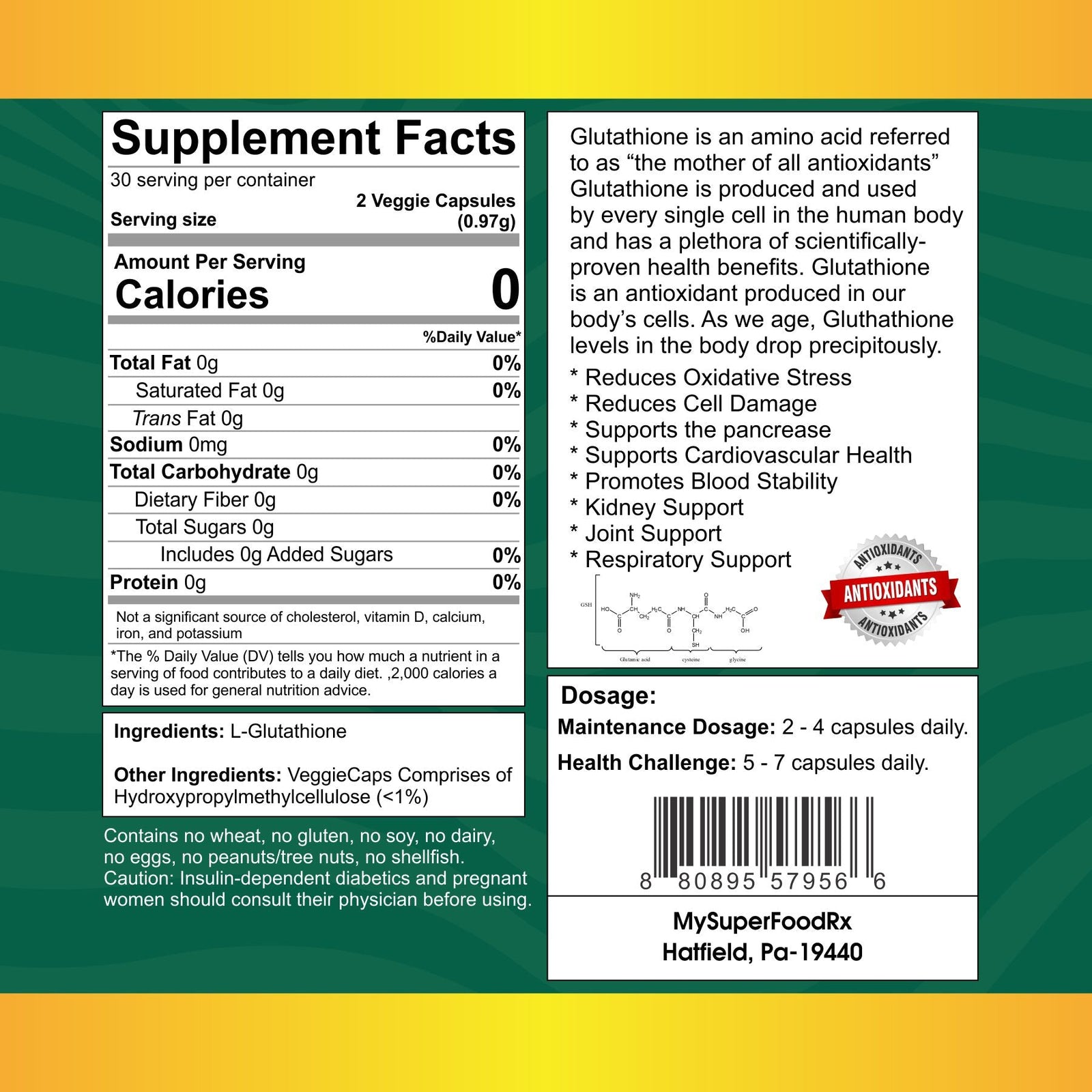 L - Glutathione Reduced 60 Capsules - Antioxidant Supplement for Cell Health - Mysuperfoodrx