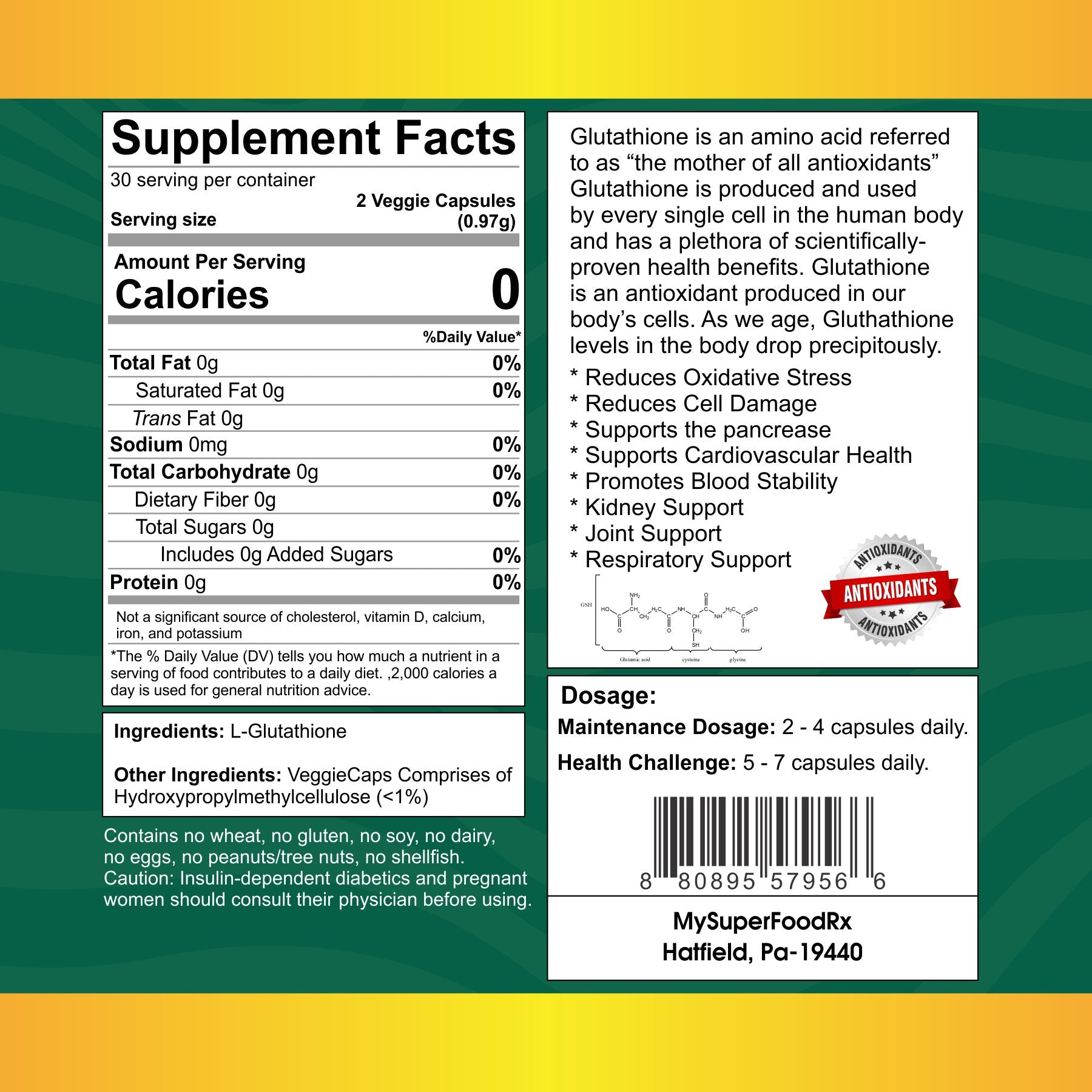 L - Glutathione Reduced 60 Capsules - Antioxidant Supplement for Cell Health - Mysuperfoodrx