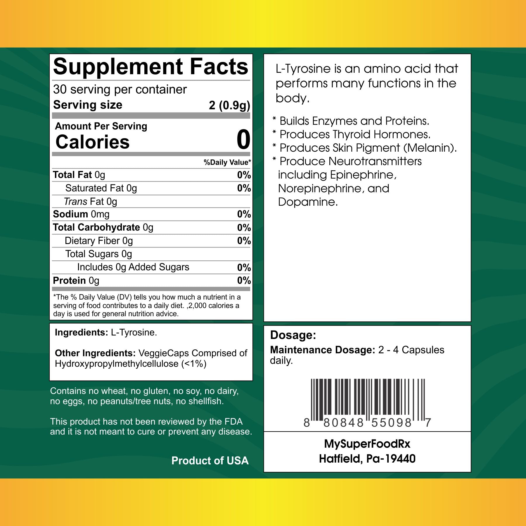 L - Tyrosine Capsules for Enzyme & Protein Building, Thyroid Hormone Production, Melanin Synthesis - Made in USA - Mysuperfoodrx