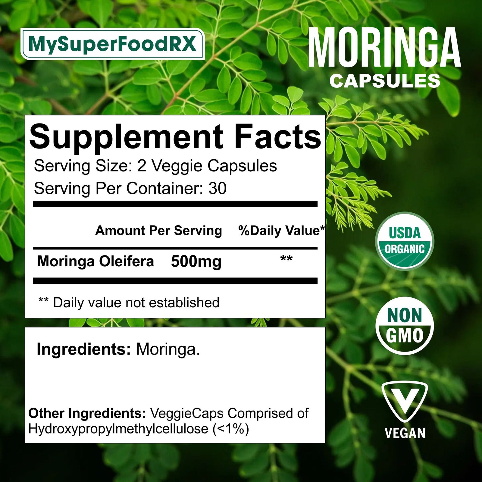 Moringa Capsules - India's Miracle Tree for Cardiovascular & Eye Health (60 Capsules) - Mysuperfoodrx