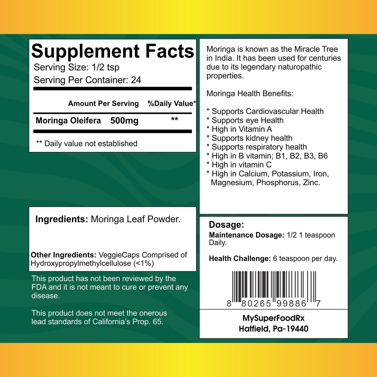 Moringa Powder - Natural Cardiovascular &amp; Eye Health Support - Rich in Vitamin A - Made in USA - Mysuperfoodrx