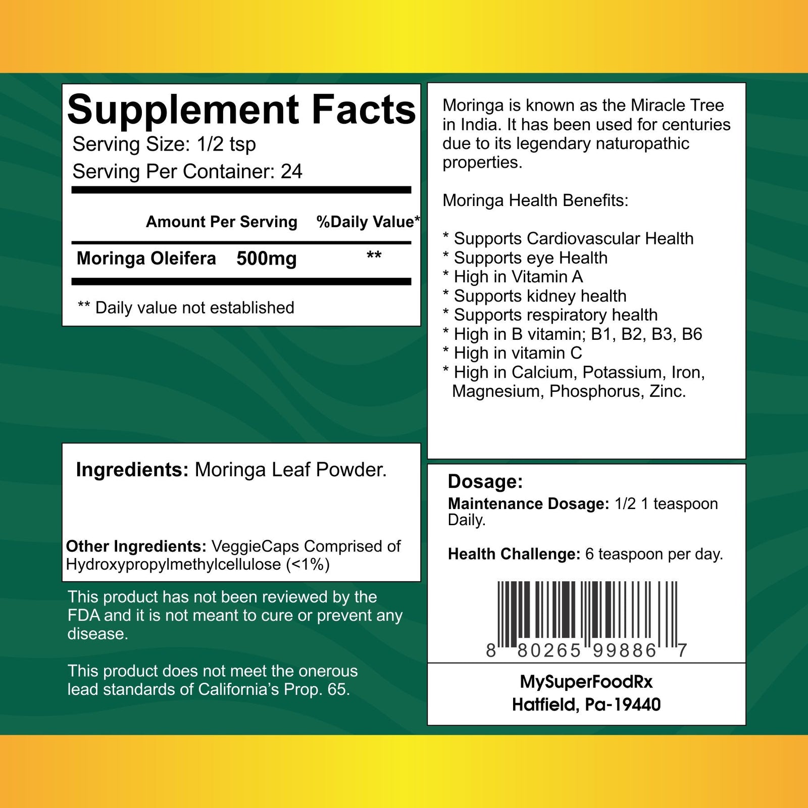 Moringa Powder - Natural Cardiovascular & Eye Health Support - Rich in Vitamin A - Made in USA - Mysuperfoodrx