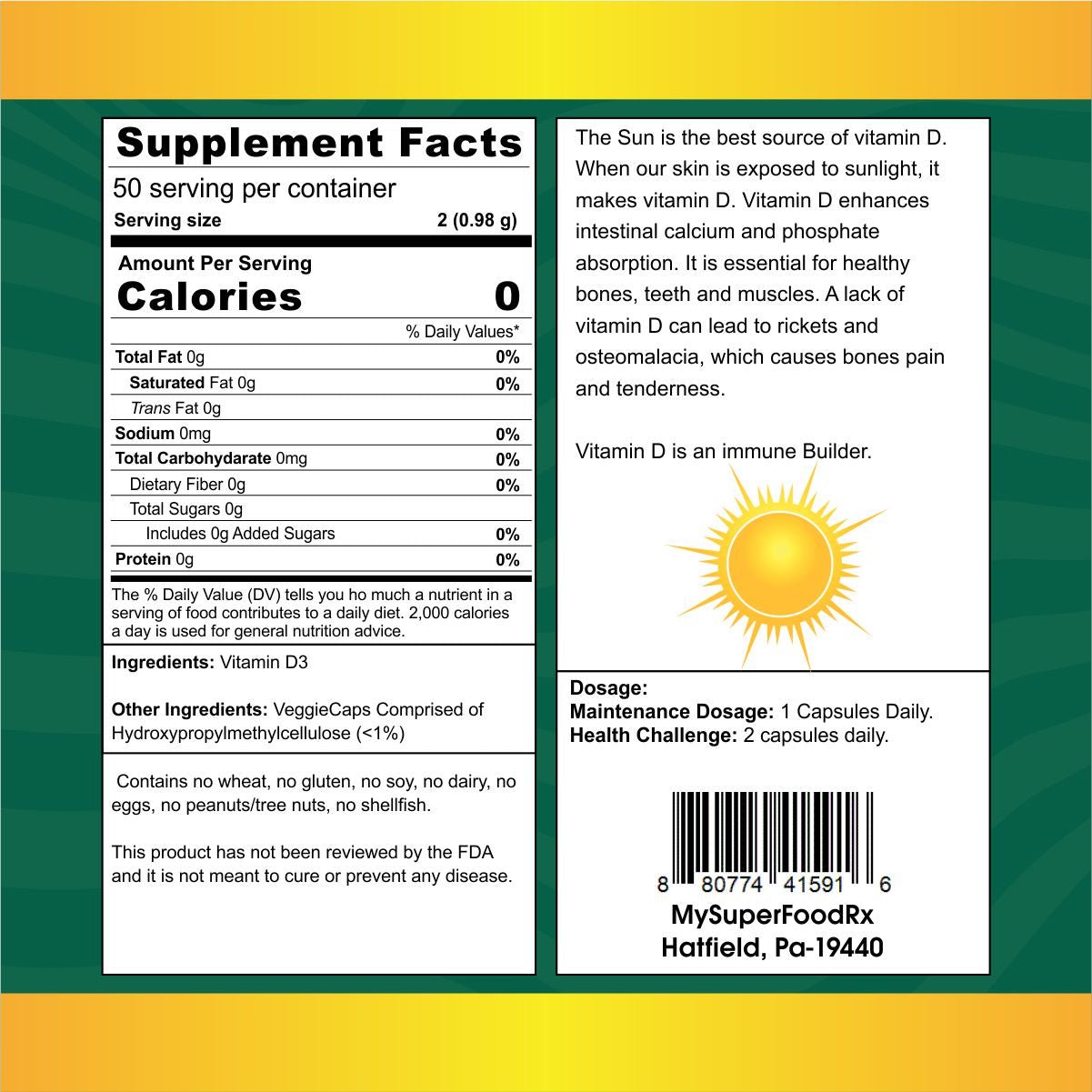 MySupeerFoodRX Vitamin D3 Capsules - Mysuperfoodrx