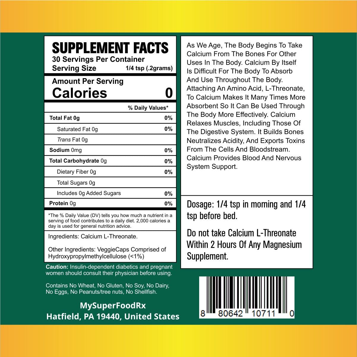 MySuperFoodRX Calcium L - Threonate - Bone Builder 100g Powder - Mysuperfoodrx