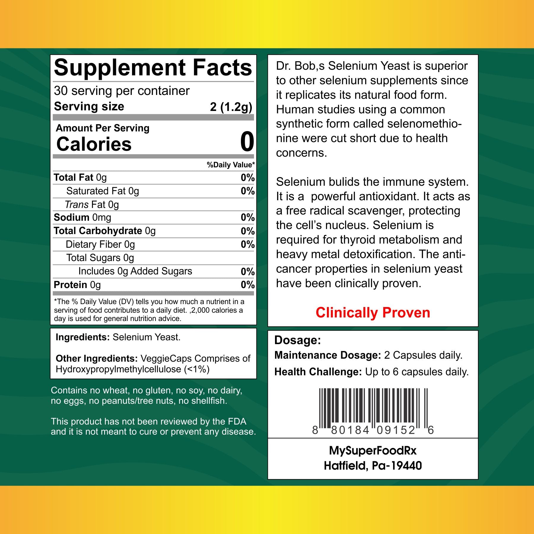 MySuperFoodRX Selenium Yeast Capsules - Immune Support & Antioxidant - 60 Count - Mysuperfoodrx