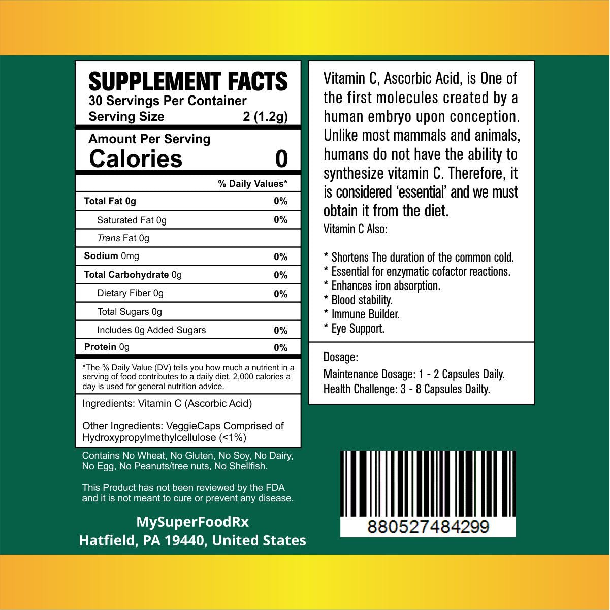 MySuperFoodRX Vitamin C (Ascorbic Acid) Capsules - Mysuperfoodrx