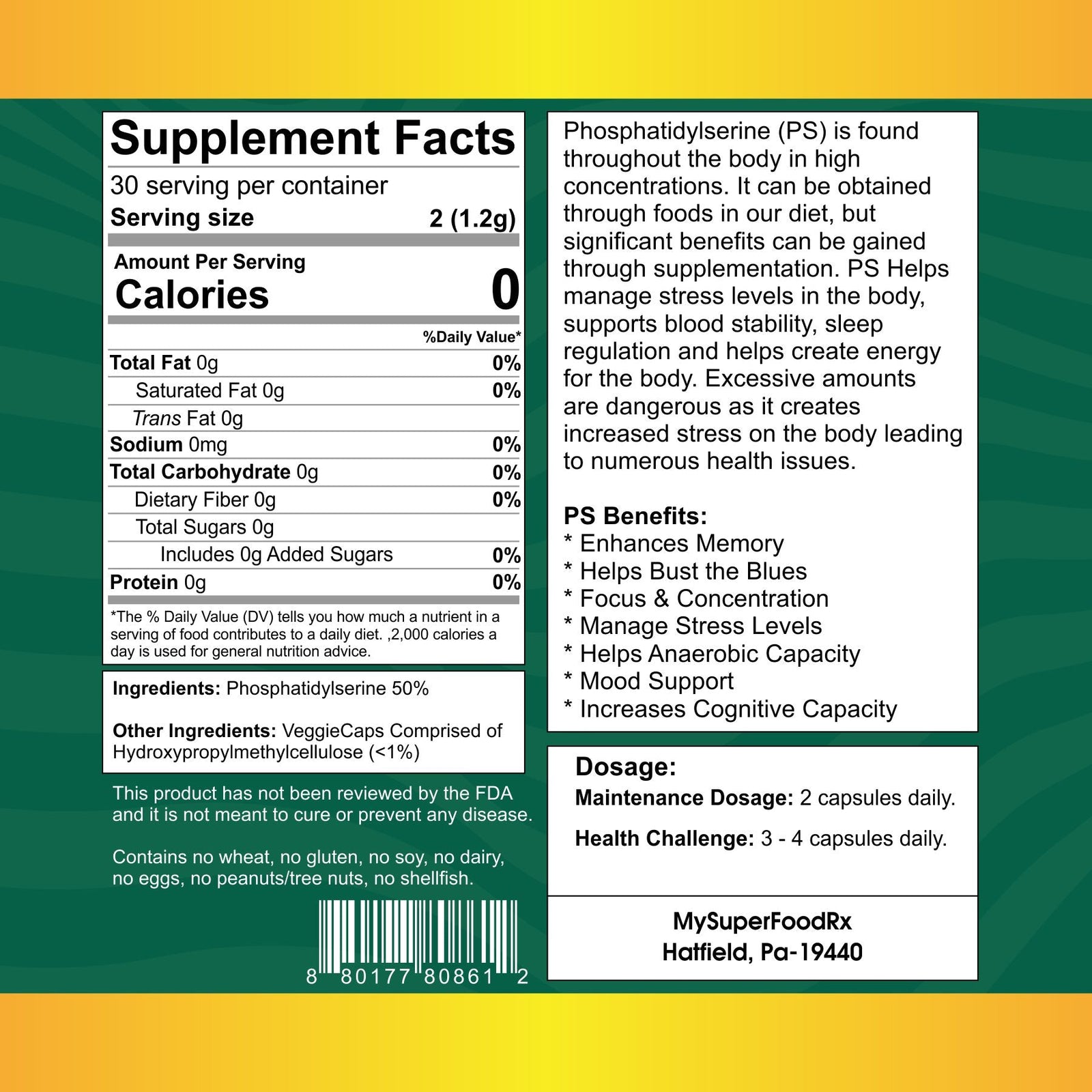 Phosphatidylserine 70% (PS) Capsules for Memory, Stress & Mood Support (60 Capsules) - Mysuperfoodrx