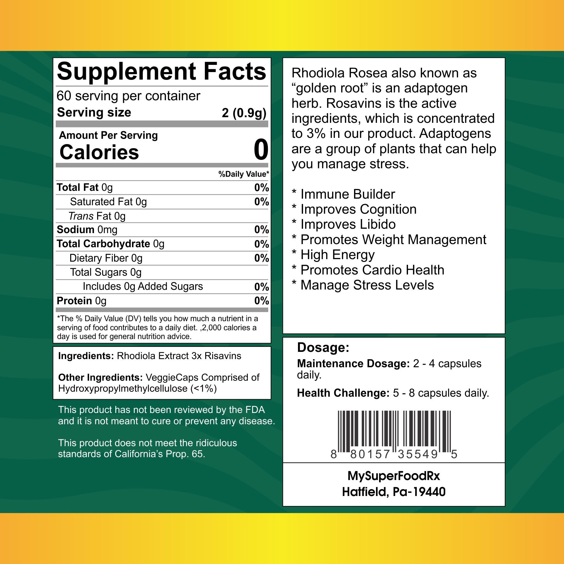 Rhodiola Rosea Adaptogen Herb Capsules - Stress Management & Energy Boost - 60 Caps - Mysuperfoodrx