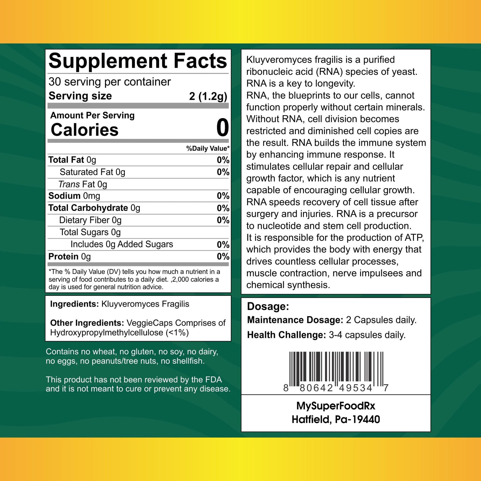 RNA Supplement for Longevity - Supports Cellular Functions & Immune Response | 60 Capsules - Mysuperfoodrx